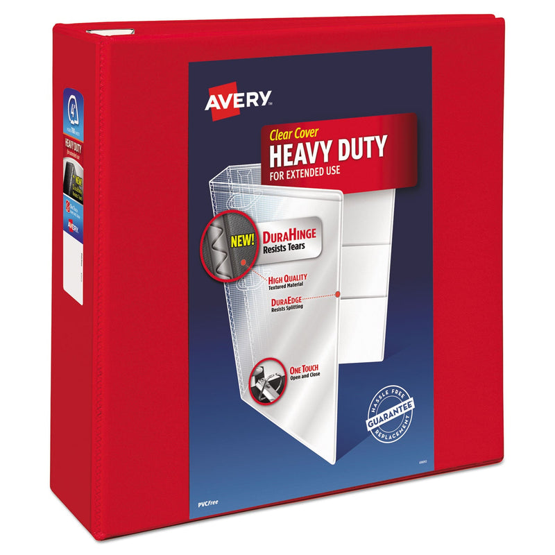 Avery Heavy-Duty View Binder with DuraHinge and Locking One Touch EZD Rings, 3 Rings, 4" Capacity, 11 x 8.5, Red
