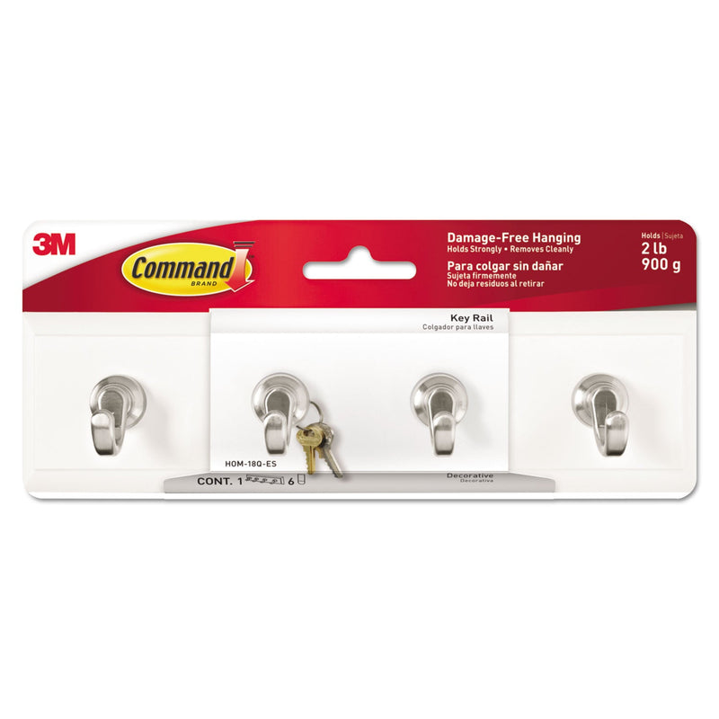 Command Decorative Key Rail, Plastic, Quartz/Silver, 8 x 1.5 x 2.13, 4 Hooks/Pack