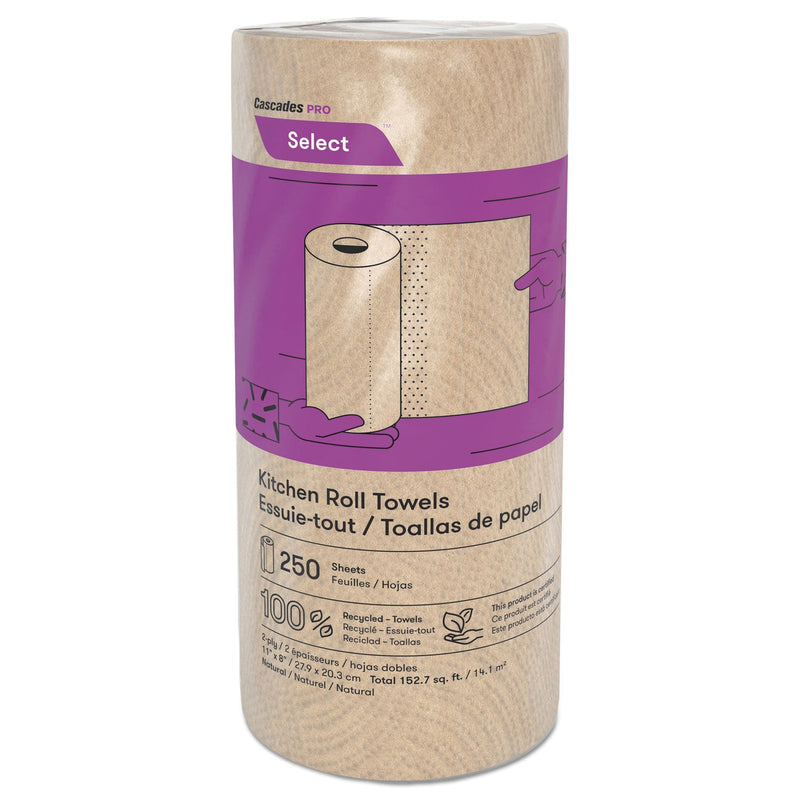 Cascades PRO Select Kitchen Roll Towels, 2-Ply, 11" x 166.6 ft, Natural, 250/Roll, 12/Carton