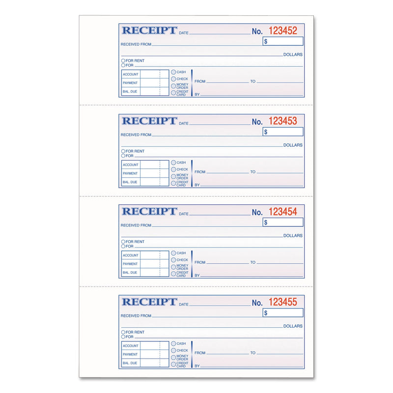 Adams TOPS 3-Part Hardbound Receipt Book, Three-Part Carbonless, 7 x 2.75, 4/Page, 200 Forms