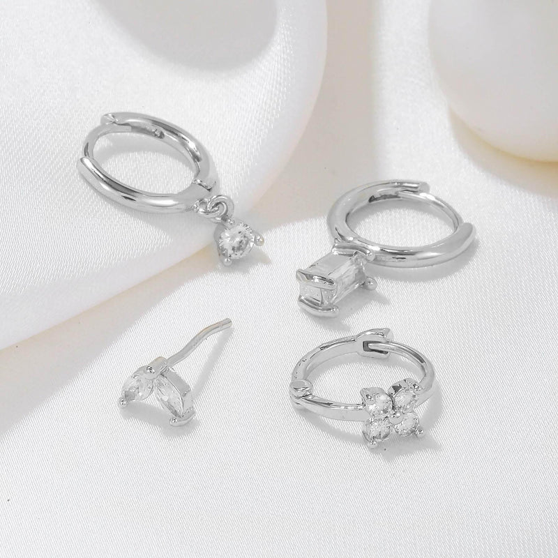 Stacking 4 Pieces Geometric Zircon Stud Earring Set, 18k Gold Plated Ear Studs and Drops, Trendy Sweet Cool Earrings, S925 Needle, Stacked Lobe Designs with Dazzling Zirconia