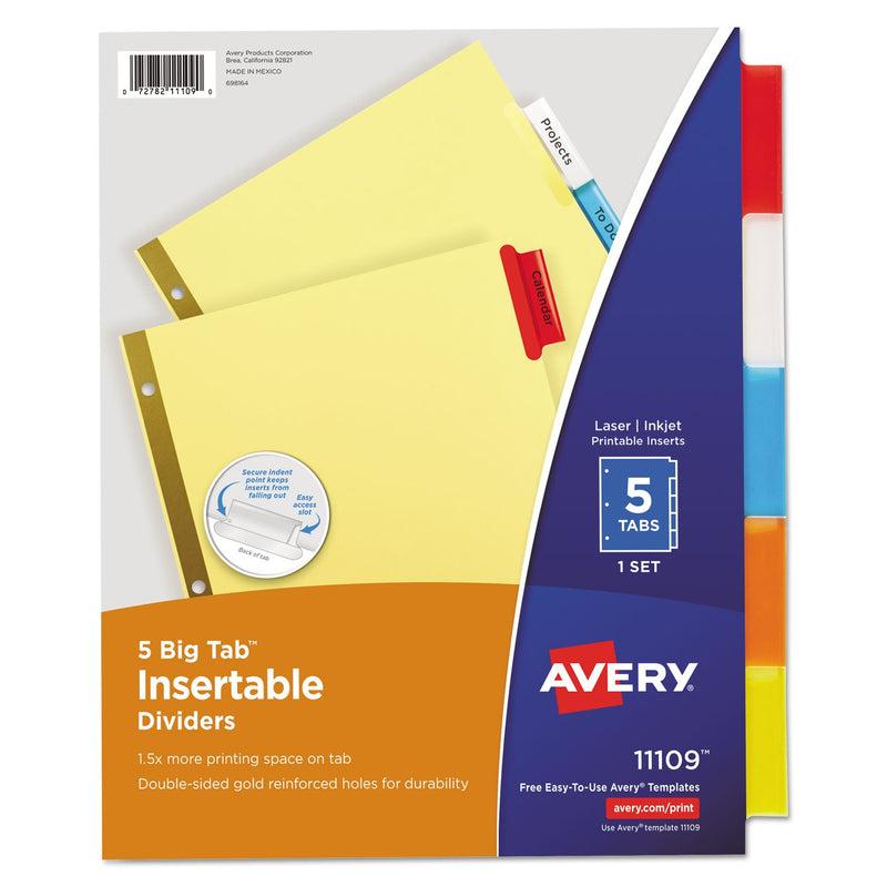 Avery Insertable Big Tab Dividers, 5-Tab, Double-Sided Gold Edge Reinforcing, 11 x 8.5, Buff, Assorted Tabs, 1 Set