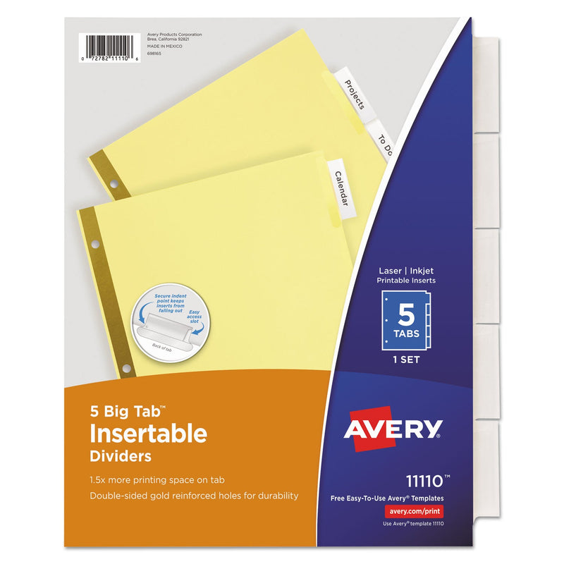 Avery Insertable Big Tab Dividers, 5-Tab, Double-Sided Gold Edge Reinforcing, 11 x 8.5, Buff, Clear Tabs, 1 Set