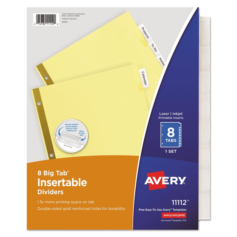 Avery Insertable Big Tab Dividers, 8-Tab, Double-Sided Gold Edge Reinforcing, 11 x 8.5, Buff, Clear Tabs, 1 Set