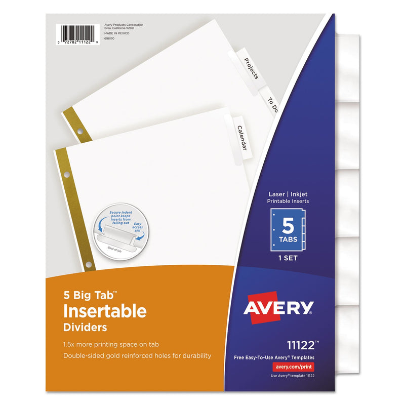 Avery Insertable Big Tab Dividers, 5-Tab, Double-Sided Gold Edge Reinforcing, 11 x 8.5, White, Clear Tabs, 1 Set
