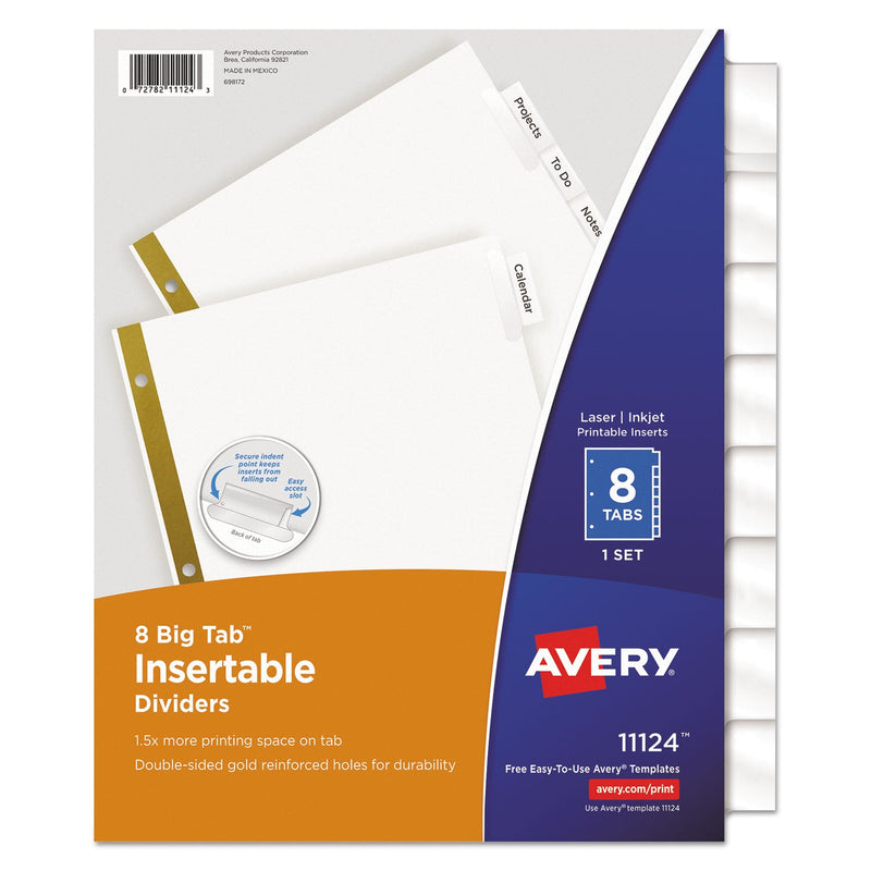 Avery Insertable Big Tab Dividers, 8-Tab, Double-Sided Gold Edge Reinforcing, 11 x 8.5, White, Clear Tabs, 1 Set