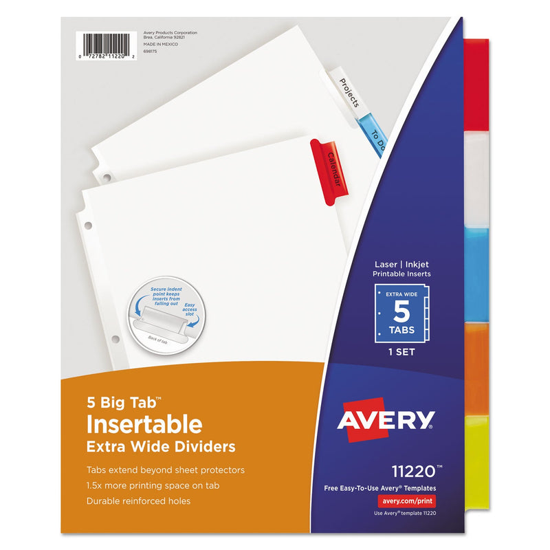 Avery Insertable Big Tab Dividers, 5-Tab, Single-Sided Copper Edge Reinforcing, 11.13 x 9.25, White, Assorted Tabs, 1 Set