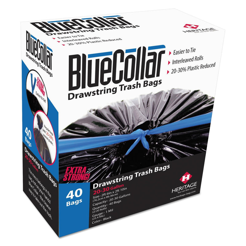 BlueCollar Drawstring Trash Bags, 30 gal, 1 mil, 30" x 34", Black, 240/Carton