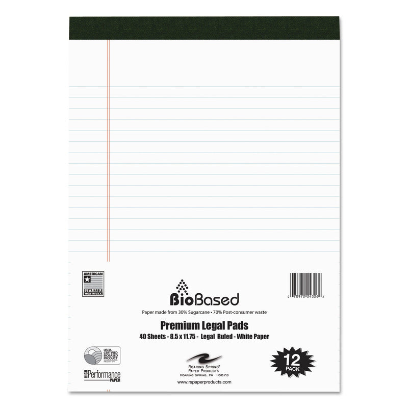 Roaring Spring USDA Certified Bio-Preferred Legal Pad, Wide/Legal Rule, 40 White 8.5 x 11.75 Sheets, 12/Pack