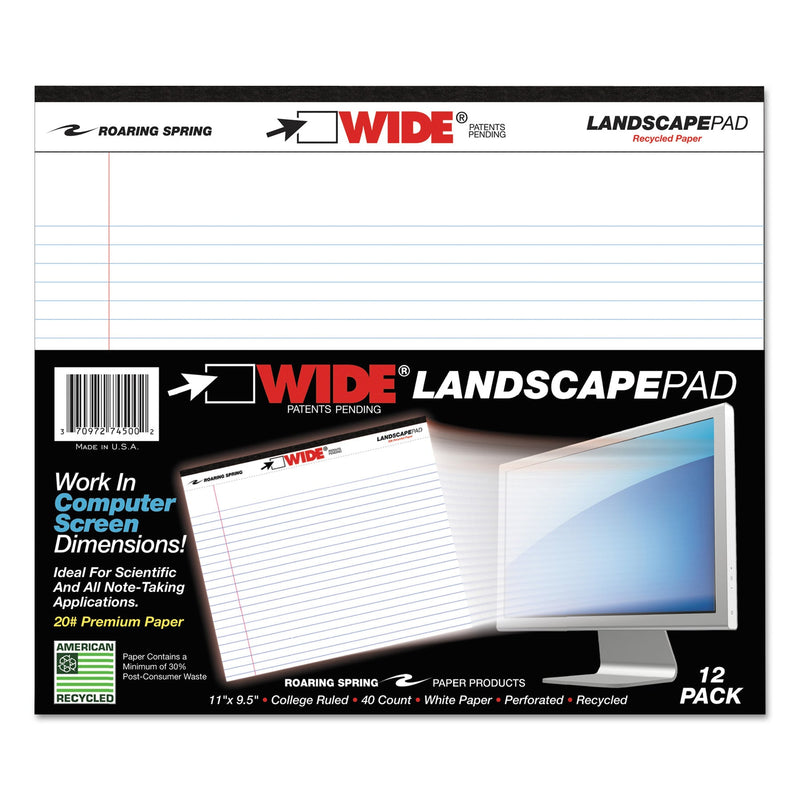 Roaring Spring WIDE Landscape Format Writing Pad, Unpunched with Standard Back, Medium/College Rule, 40 White 11 x 9.5 Sheets