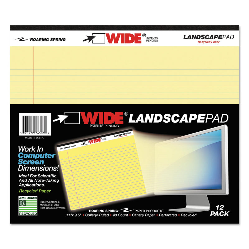 Roaring Spring WIDE Landscape Format Writing Pad, Unpunched with Standard Back, Medium/College Rule, 40 Canary-Yellow 11 x 9.5 Sheets