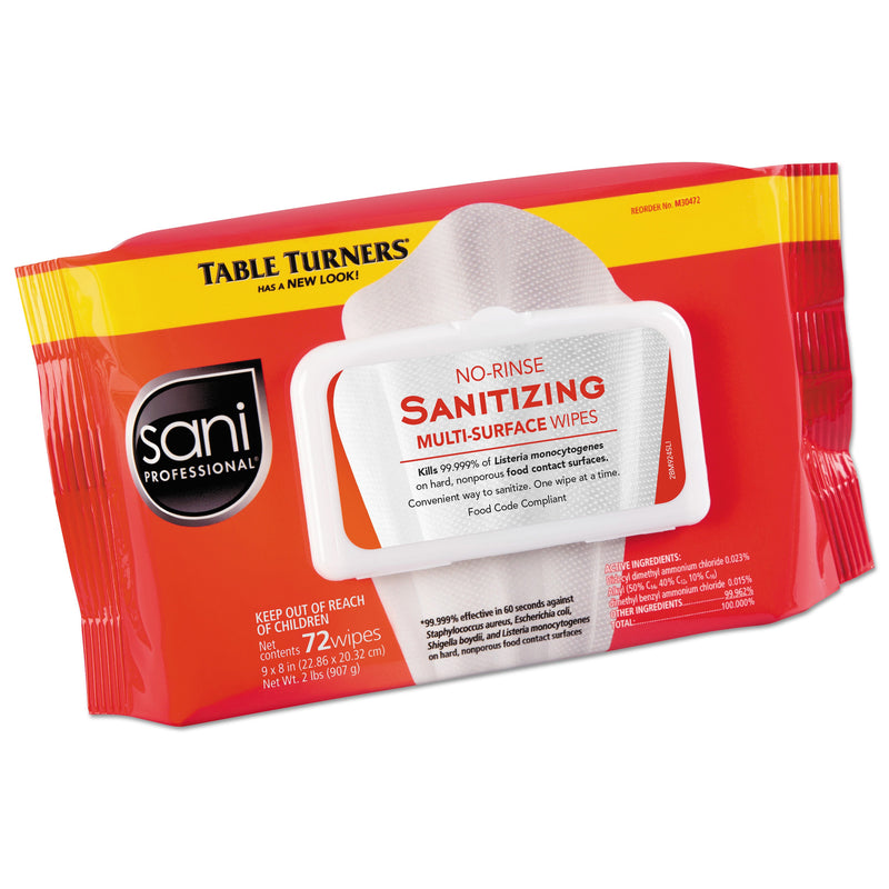 Sani Professional No-Rinse Sanitizing  Multi-Surface Wipes, 9 x 8, Unscented, White, 72 Wipes/Pack, 12 Packs/Carton