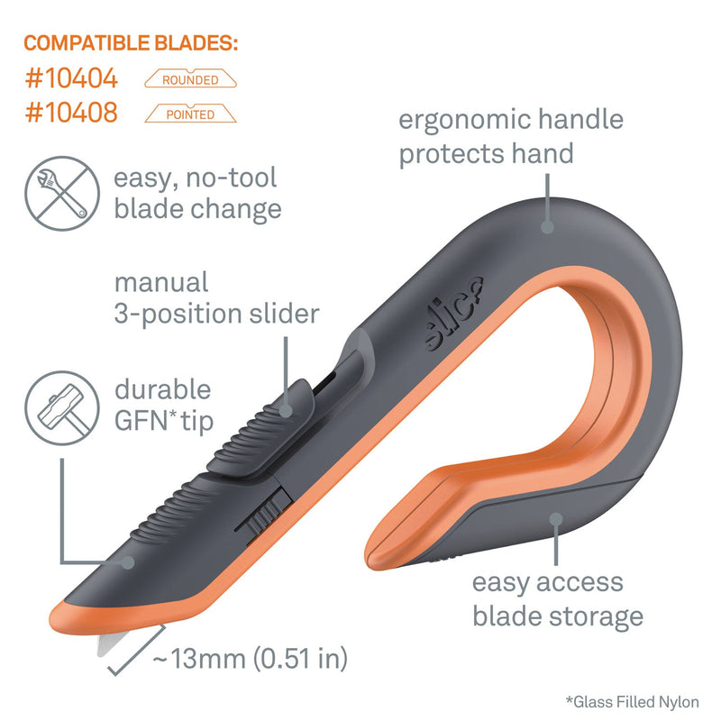 slice Box Cutters, Double Sided, Replaceable, 1.29" Carbon Steel Blade, 7" Nylon Handle, Gray/Orange