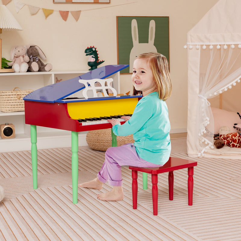 30-Key Wood Toy Kids Grand Piano with Bench and Music Rack-Multicolor