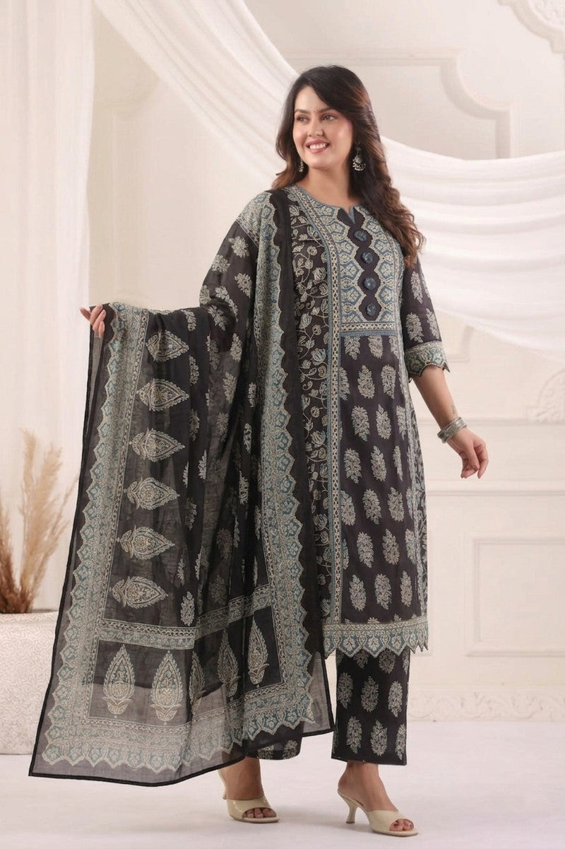 Elegant Black & Teal Floral Block Print Kurta Set – Premium 3-Piece Ethnic Wear