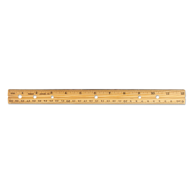 Charles Leonard Beveled Wood Ruler w/Single Metal Edge, 3-Hole Punched, Standard/Metric, 12" Long, Natural, 36/Box