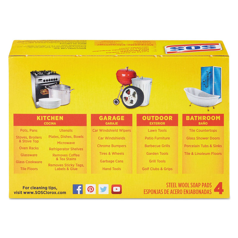 S.O.S. Steel Wool Soap Pad, Steel, 4/Box, 24 Boxes/Carton