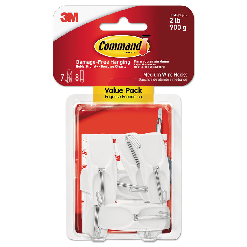 Command General Purpose Wire Hooks, Medium, 2 lb Cap, White, 7 Hooks and 8 Strips/Pack