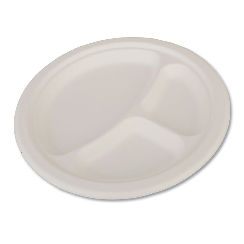 SCT ChampWare Heavyweight Bagasse Dinnerware, Plate, 3-Compartment, 10" dia, White, 500/Carton