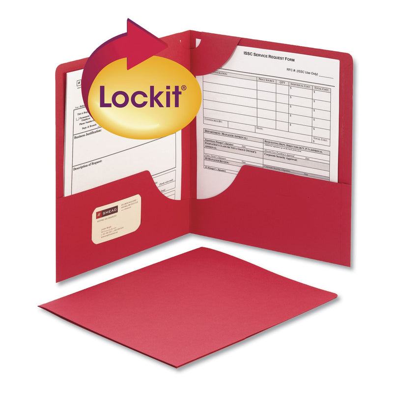 Smead Lockit Two-Pocket Folder, Textured Paper, 100-Sheet Capacity, 11 x 8.5, Red, 25/Box