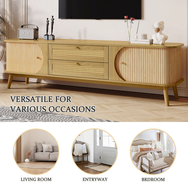 Rattan TV Stand For Tvs Up To 75'', Modern Farmhouse Media Console, Entertainment Center With Legs, TV Cabinet For Living Room, Home Theatre - Natural Wood
