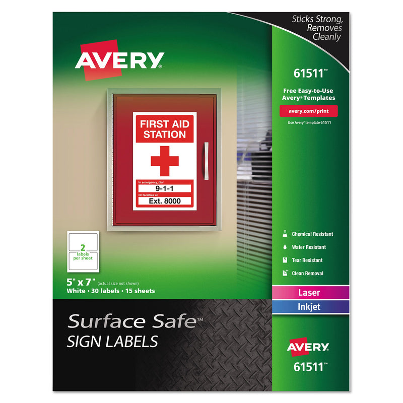 Avery Surface Safe Removable Label Safety Signs, Inkjet/Laser Printers, 5 x 7, White, 2/Sheet, 15 Sheets/Pack