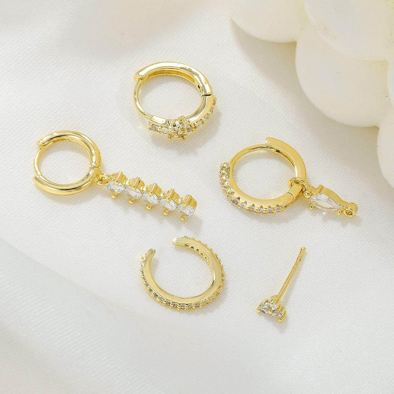 Stacking 5 Pieces Simple Clover Single-Row Serrated Ear Cuff Earring Set, 18k Gold-Plated  Teardrop Zircon Earrings, S925 Needle, Stacked Lobe Designs with Dazzling Zirconia