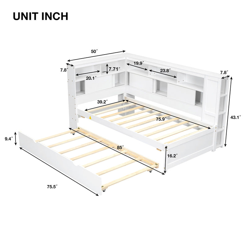 Daybed With Storage Shelves, USB Charging, And Trundle Bed