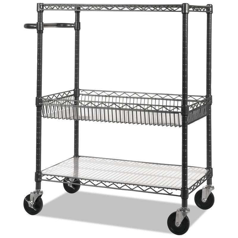 Alera Three-Tier Wire Cart with Basket, Metal, 2 Shelves, 1 Bin, 500 lb Capacity, 34" x 18" x 40", Black Anthracite