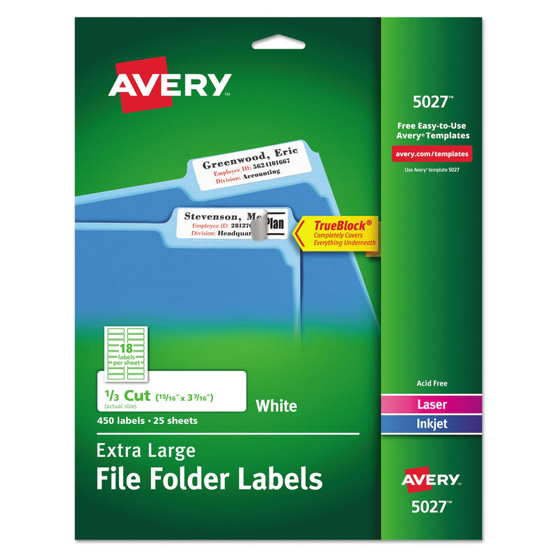 Avery Extra-Large TrueBlock File Folder Labels with Sure Feed Technology, 0.94 x 3.44, White, 18/Sheet, 25 Sheets/Pack