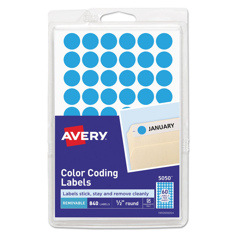 Avery Handwrite Only Self-Adhesive Removable Round Color-Coding Labels, 0.5" dia, Light Blue, 60/Sheet, 14 Sheets/Pack, (5050)
