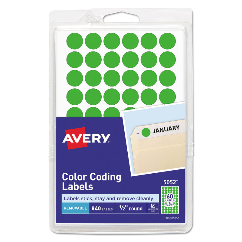 Avery Handwrite Only Self-Adhesive Removable Round Color-Coding Labels, 0.5" dia, Neon Green, 60/Sheet, 14 Sheets/Pack, (5052)