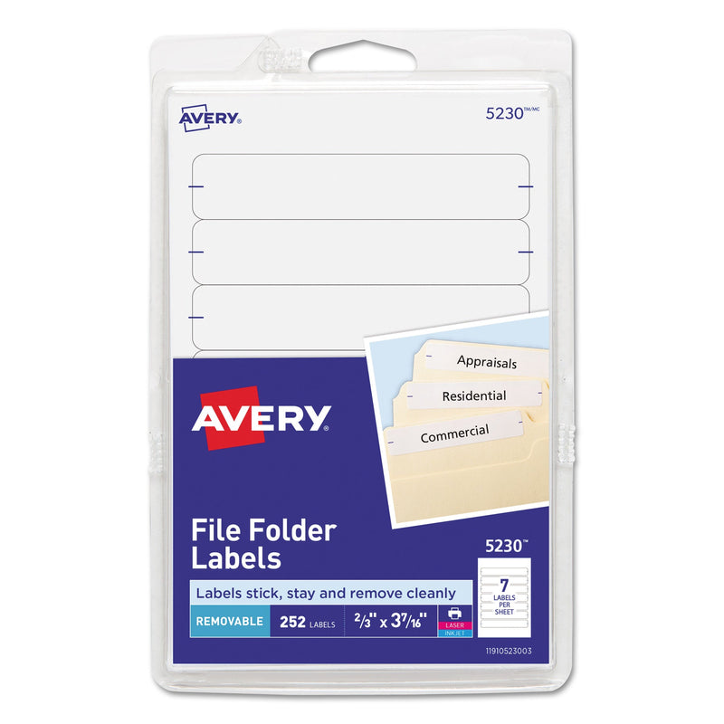 Avery Removable File Folder Labels with Sure Feed Technology, 0.66 x 3.44, White, 7/Sheet, 36 Sheets/Pack