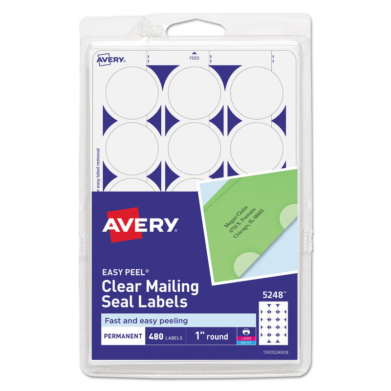 Avery Printable Mailing Seals, 1" dia, Clear, 15/Sheet, 32 Sheets/Pack, (5248)