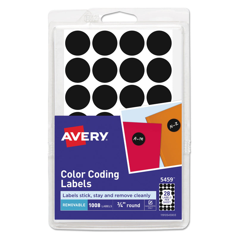 Avery Handwrite Only Self-Adhesive Removable Round Color-Coding Labels, 0.75" dia, Black, 28/Sheet, 36 Sheets/Pack, (5459)