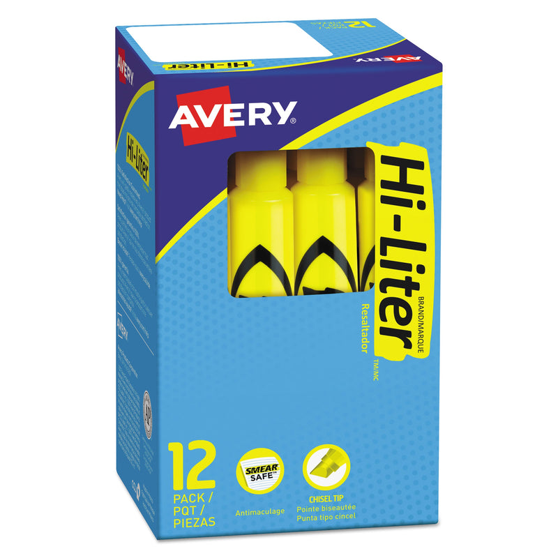 Avery HI-LITER Desk-Style Highlighters, Yellow Ink, Chisel Tip, Yellow/Black Barrel, Dozen