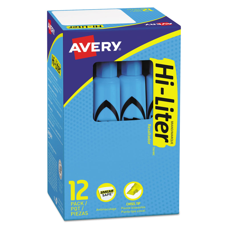 Avery HI-LITER Desk-Style Highlighters, Light Blue Ink, Chisel Tip, Light Blue/Black Barrel, Dozen