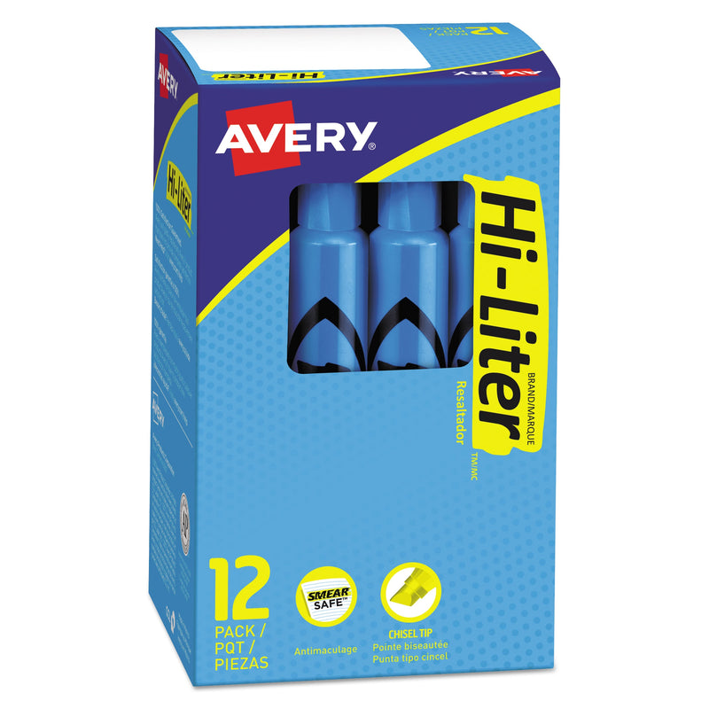 Avery HI-LITER Desk-Style Highlighters, Fluorescent Blue Ink, Chisel Tip, Blue/Black Barrel, Dozen