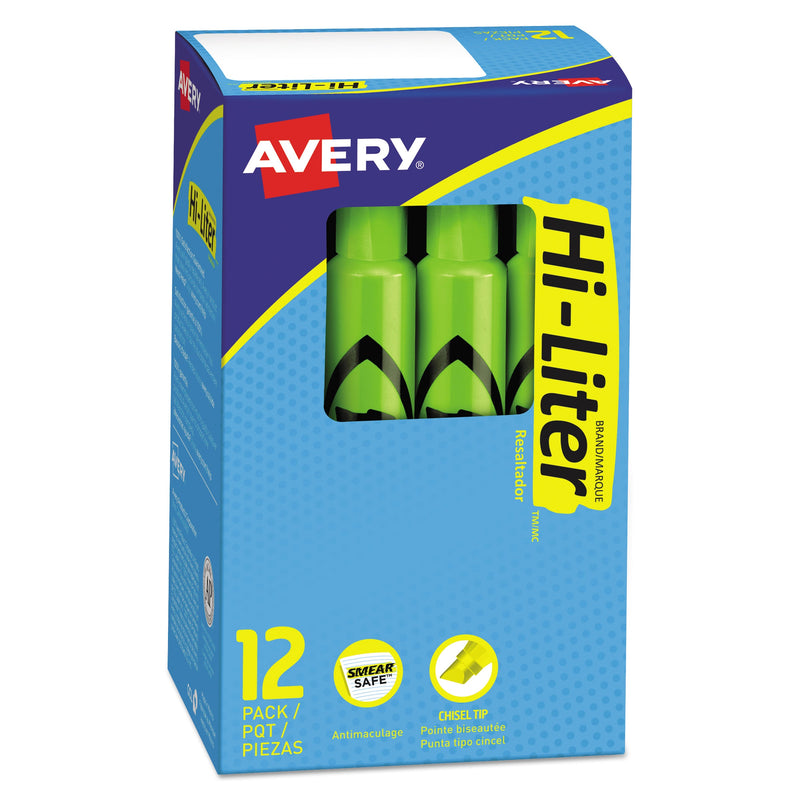 Avery HI-LITER Desk-Style Highlighters, Fluorescent Green Ink, Chisel Tip, Green/Black Barrel, Dozen