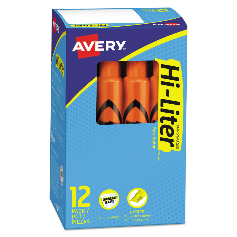 Avery HI-LITER Desk-Style Highlighters, Fluorescent Orange Ink, Chisel Tip, Orange/Black Barrel, Dozen