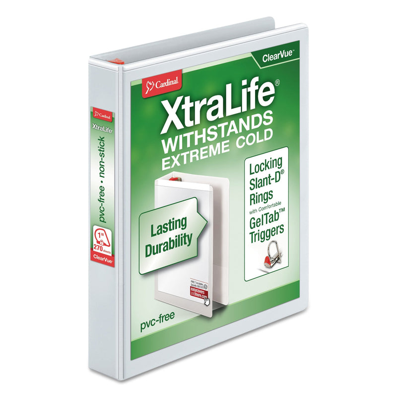 Cardinal XtraLife ClearVue Non-Stick Locking Slant-D Ring Binder, 3 Rings, 1" Capacity, 11 x 8.5, White