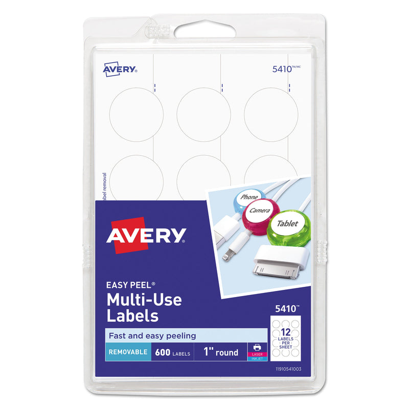 Avery Removable Multi-Use Labels, Inkjet/Laser Printers, 1" dia, White, 12/Sheet, 50 Sheets/Pack, (5410)