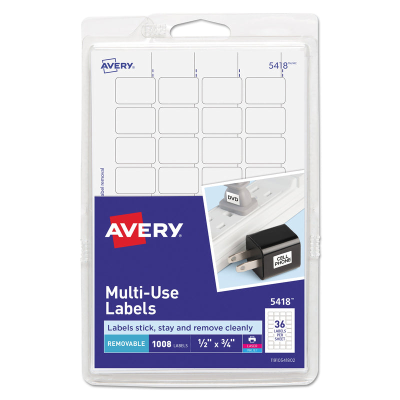 Avery Removable Multi-Use Labels, Inkjet/Laser Printers, 0.5 x 0.75, White, 36/Sheet, 28 Sheets/Pack, (5418)
