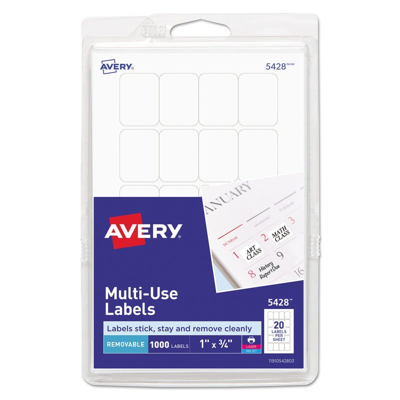 Avery Removable Multi-Use Labels, Inkjet/Laser Printers, 1 x 0.75, White, 20/Sheet, 50 Sheets/Pack, (5428)