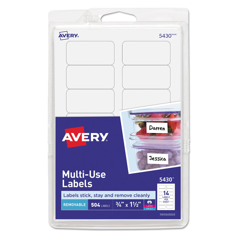 Avery Removable Multi-Use Labels, Inkjet/Laser Printers, 0.75 x 1.5, White, 14/Sheet, 36 Sheets/Pack, (5430)