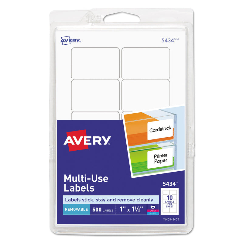 Avery Removable Multi-Use Labels, Inkjet/Laser Printers, 1 x 1.5, White, 10/Sheet, 50 Sheets/Pack, (5434)