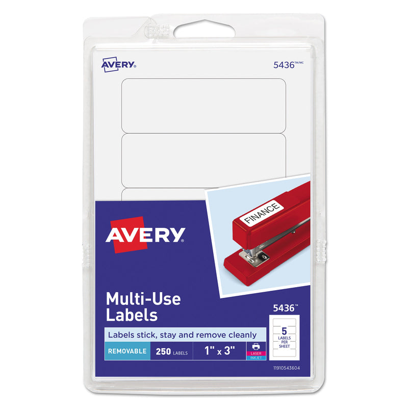 Avery Removable Multi-Use Labels, Inkjet/Laser Printers, 1 x 3, White, 5/Sheet, 50 Sheets/Pack, (5436)