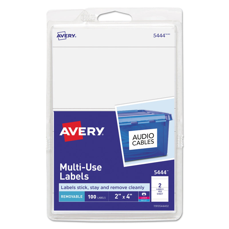 Avery Removable Multi-Use Labels, Inkjet/Laser Printers, 2 x 4, White, 2/Sheet, 50 Sheets/Pack, (5444)