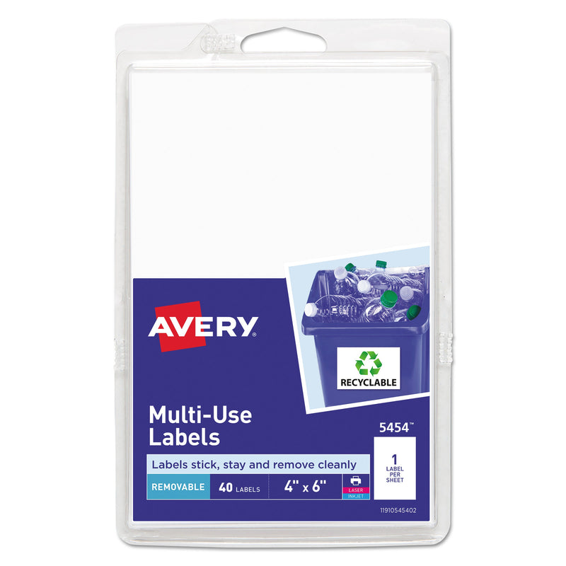 Avery Removable Multi-Use Labels, Inkjet/Laser Printers, 4 x 6, White, 40/Pack, (5454)