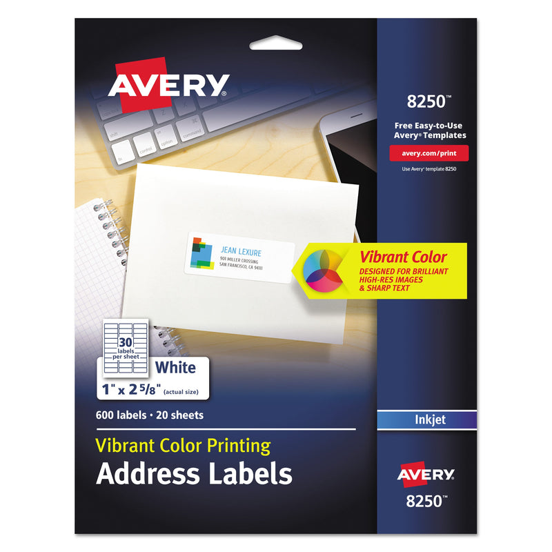 Avery Vibrant Inkjet Color-Print Labels w/ Sure Feed, 1 x 2.63, Matte White, 600/PK